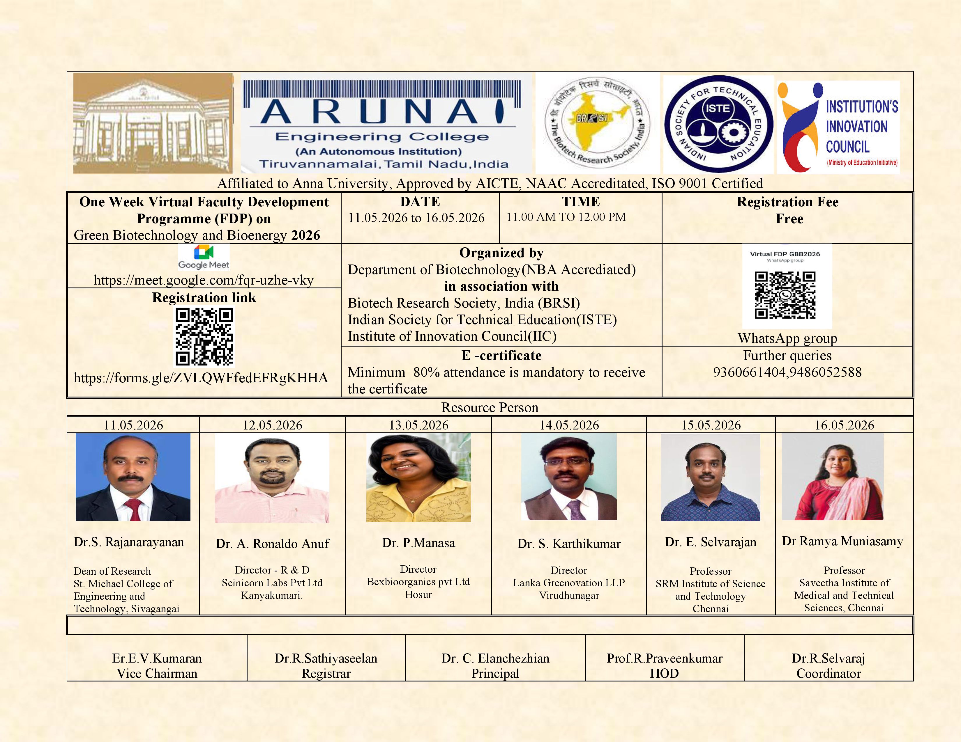 One Week Virtual Faculty Development Programme (FDP) on Green Biotechnology and Bioenergy 2026 Faculty Development Program Poster 